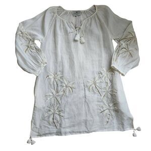 Benaras by Citrus Dress Womens Large Linen Blend Embroidered Palm Tree Tassels R
